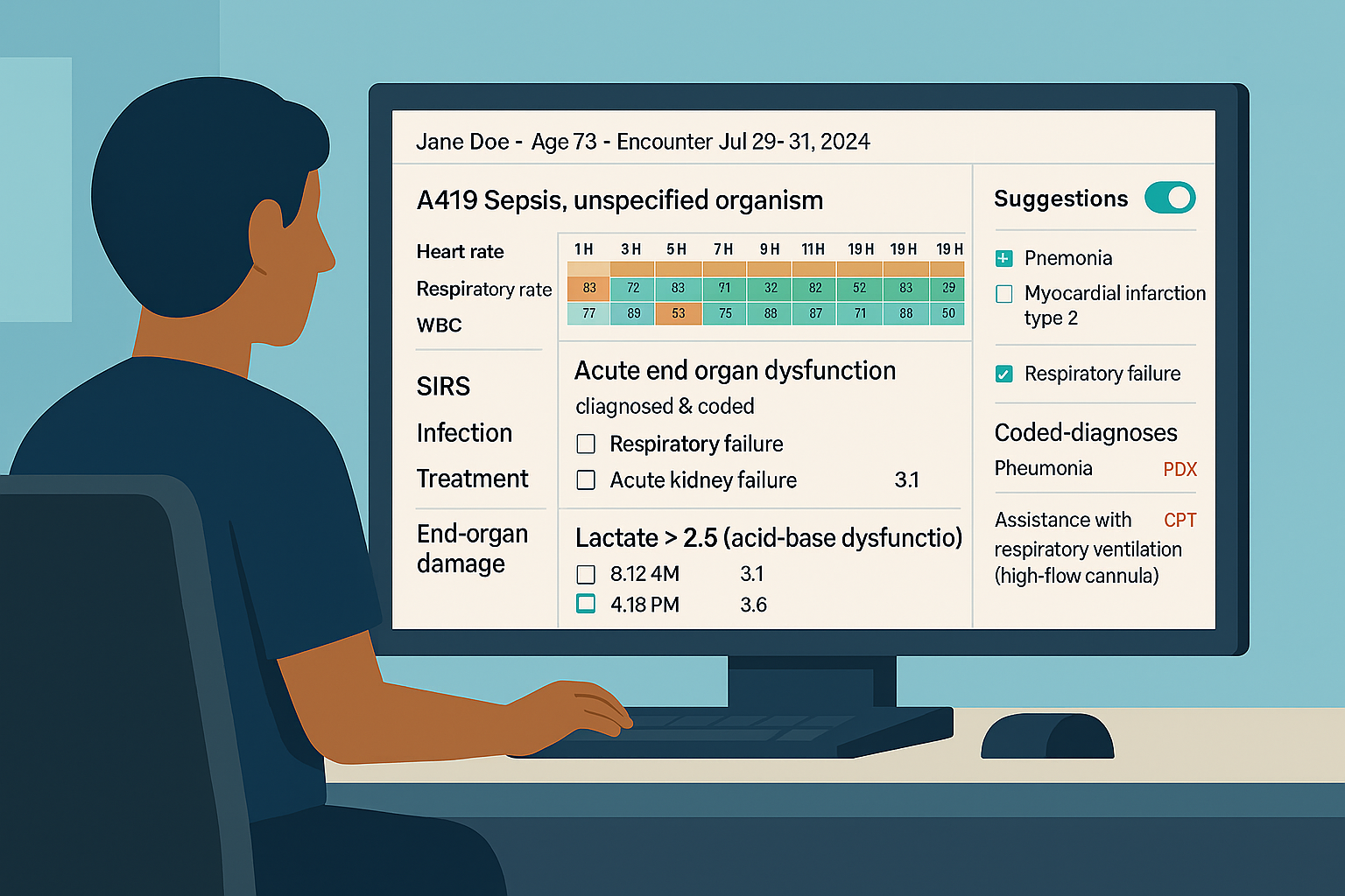 Inpatient Revenue Cycle Management dashboard showing CDI validation interface