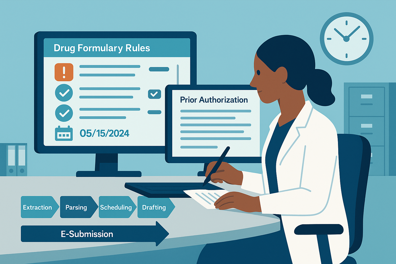 Drug Prior Authorization interface showing workflow steps